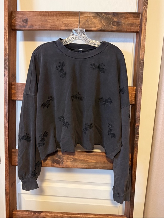 torrid Sweaters - torrid Black Cropped Sweatshirt with Tonal Floral Embroidery